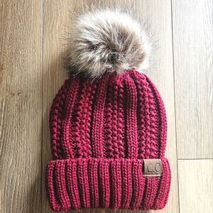 CC Burgundy Red Knit Folded Cable Knit Beanie Winter Hat Faux Brown Fur Pom